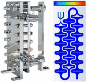 MicroFlo reactor assembly and reaction
chamber modeled with CFD to show complete mixing of three (3) immiscible fluids.